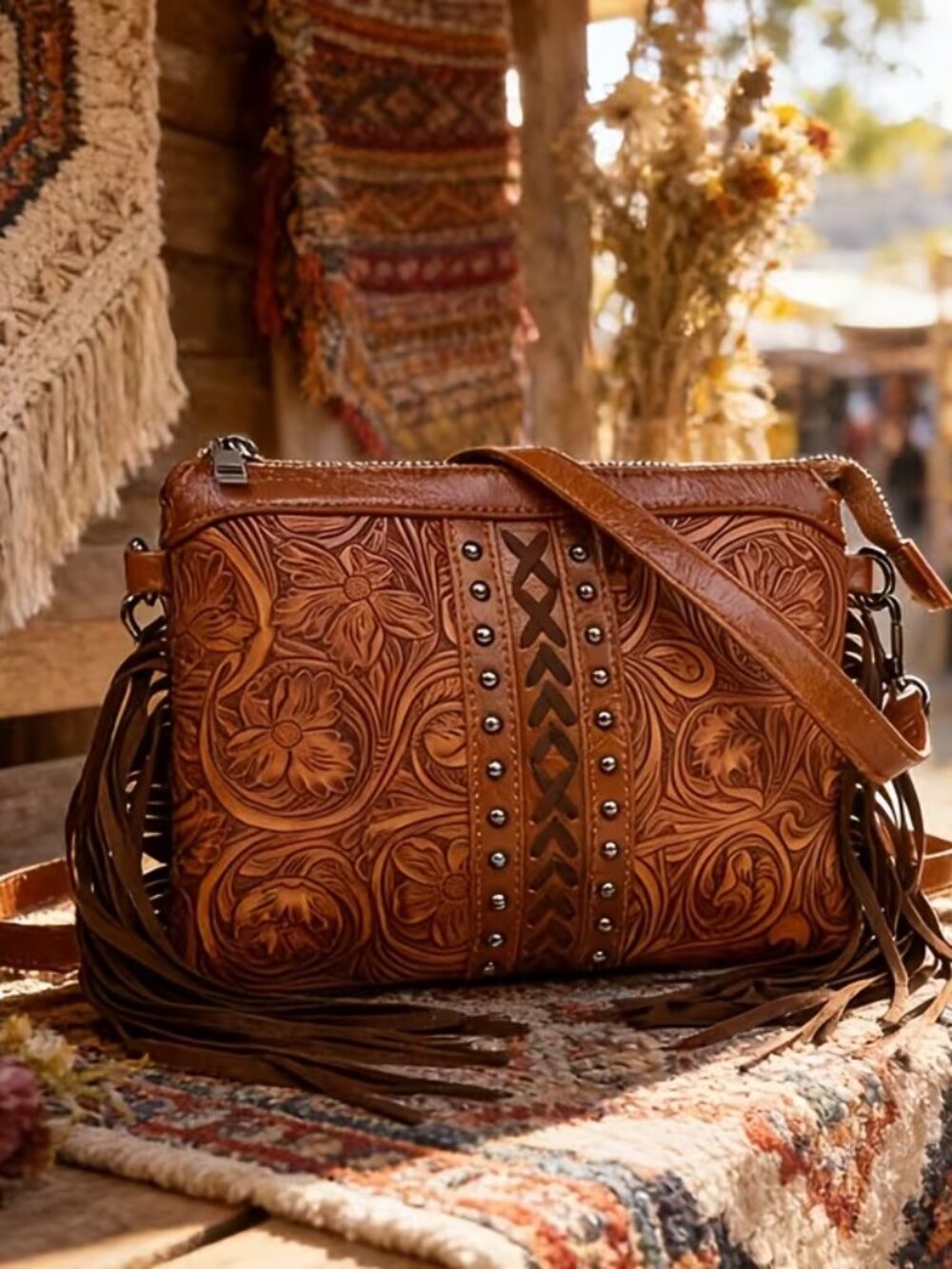 Tooled Floral Fringe Crossbody Bag in Brown Leather